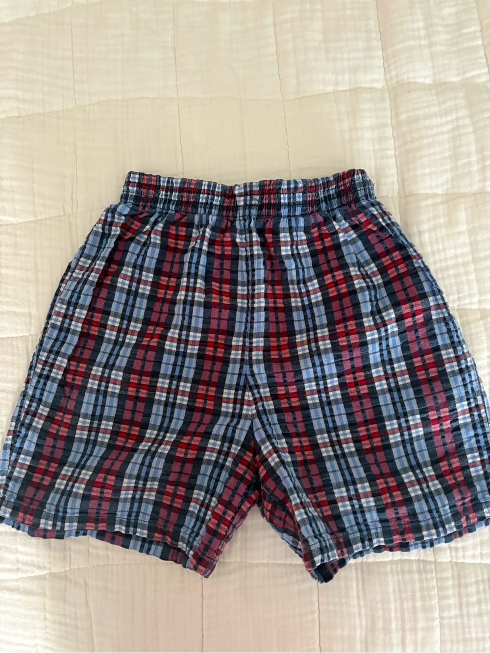 Asics Plaid Elastic Waist Shorts in Blue and Red